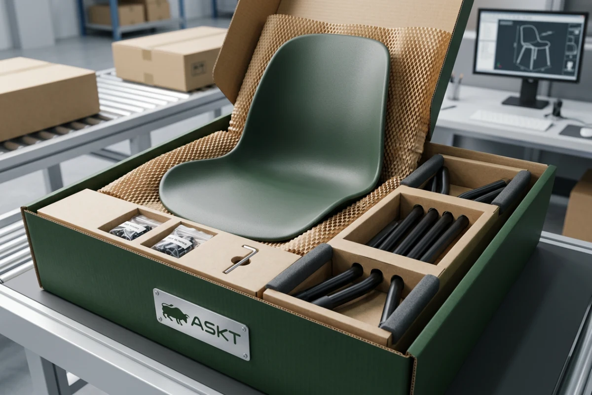 Optimized KD dining chair flat packaging with sustainable paper-based protection