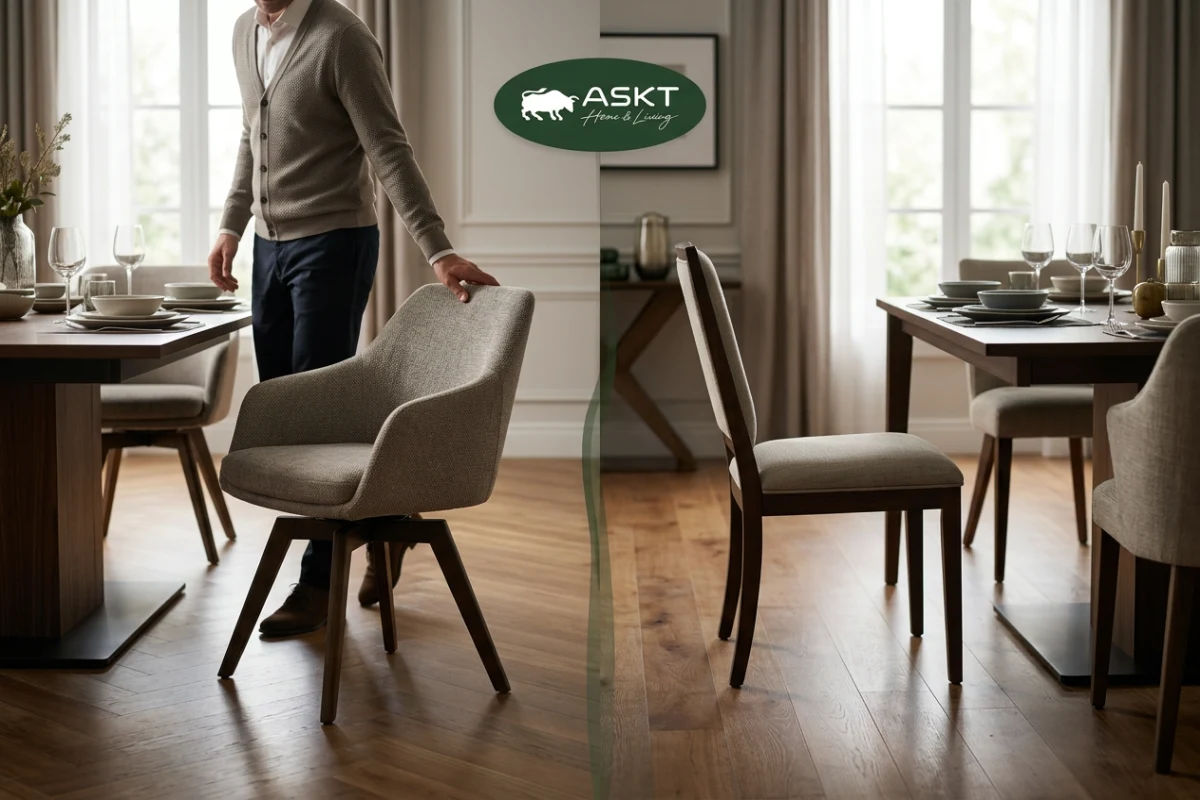 Ergonomic clearance comparison between a 180-degree swivel chair and a static four-legged dining chair