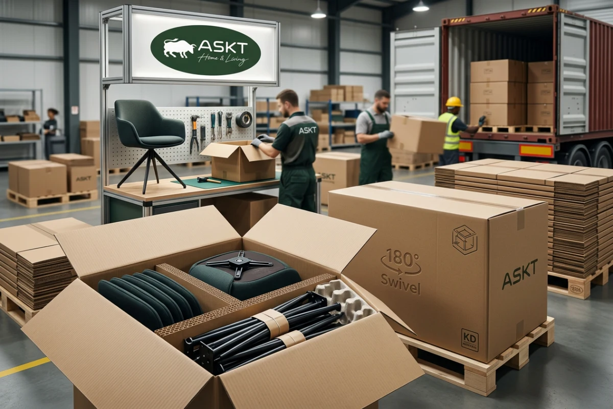 Flat-packed KD swivel dining chairs in eco-friendly protective packaging for wholesale container export
