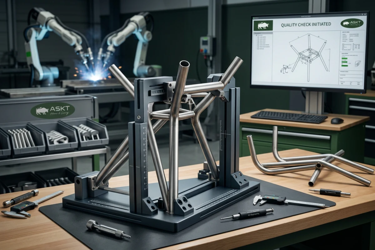 Precision metal frame alignment inspection ensuring accurate knockdown furniture hardware tolerances.