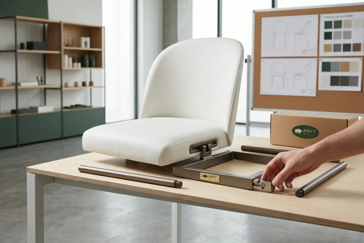 Modular dining chair demonstrating toolless furniture assembly and interchangeable knockdown subframe construction.