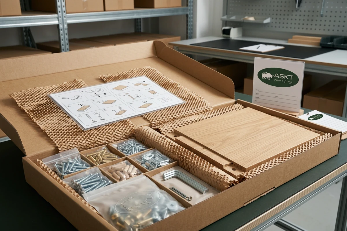Flat-pack furniture packaging featuring organized hardware and clear visual instructions for reducing furniture assembly complaints.