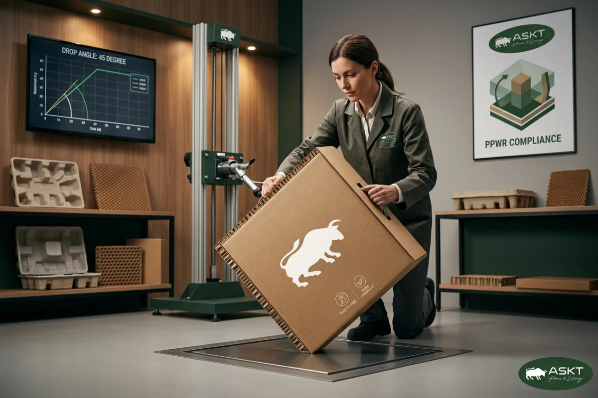 Standardized carton drop test verification for European furniture packaging compliance