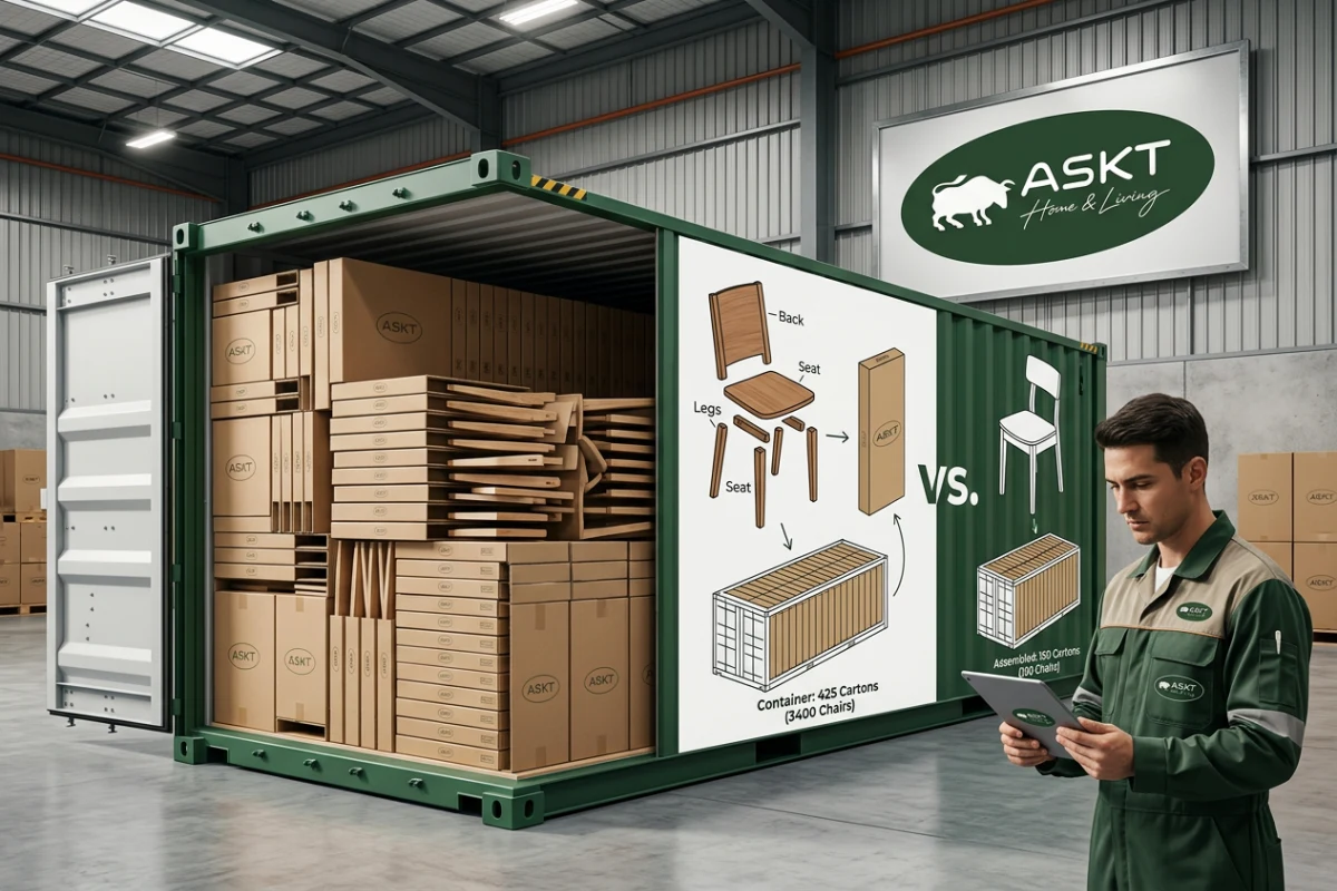 Container loading optimization furniture comparison showing KD flat-pack efficiency