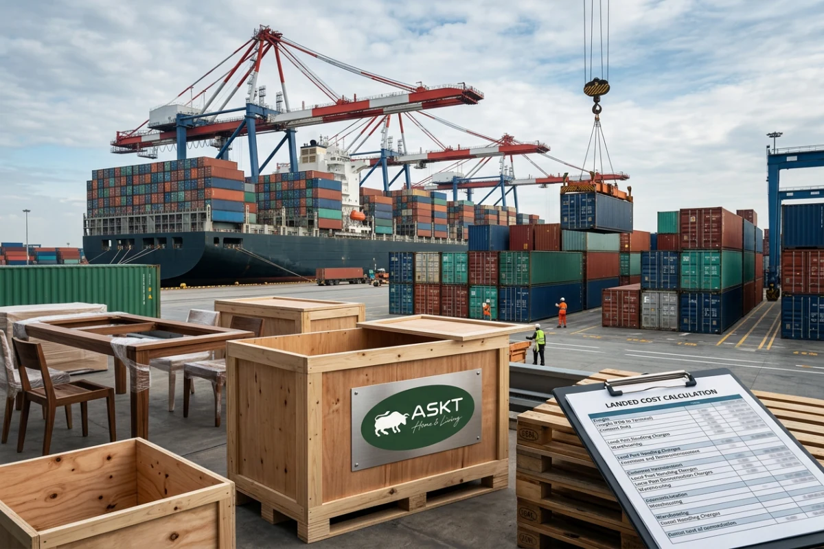 Cargo container handling at seaport representing commercial furniture import costs beyond initial FOB price