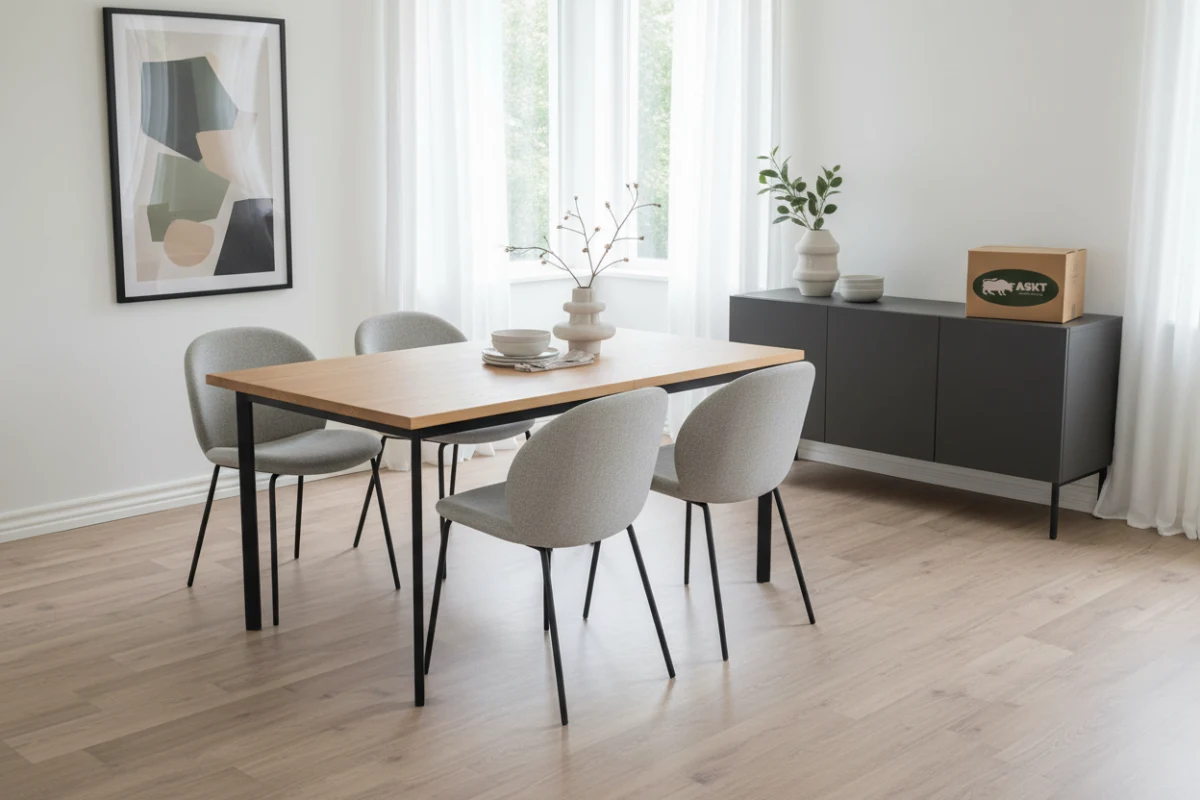 Upholstered minimalist dining chairs with powder-coated metal frames arranged around an oak veneer table.