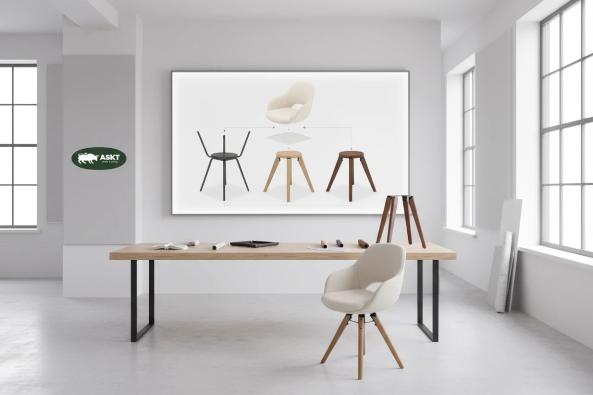 An exploded view diagram of a modular dining chair system showing an upholstered shell and interchangeable leg bases.