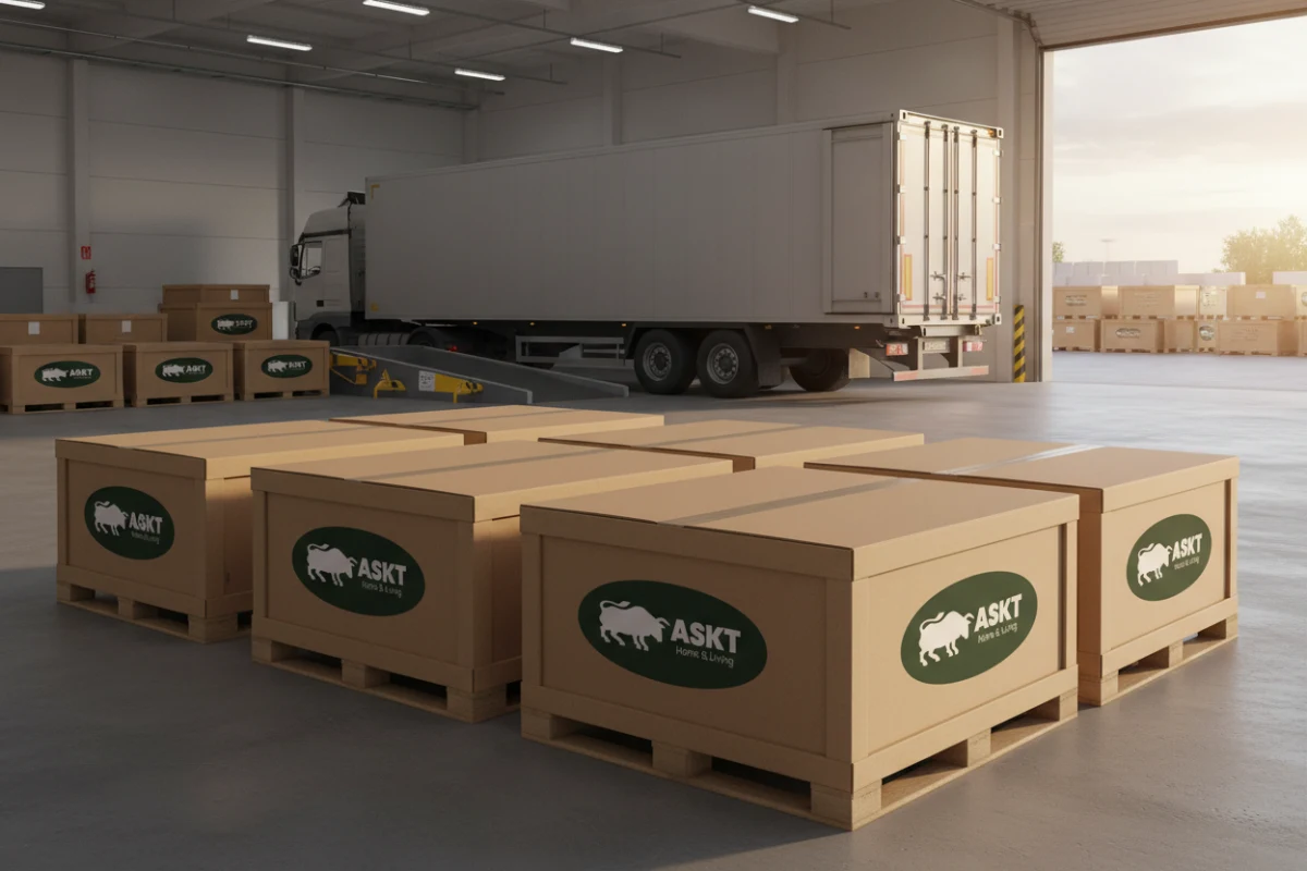Flat-packed dining chairs inside high-density cardboard boxes optimized for shipping container loading.