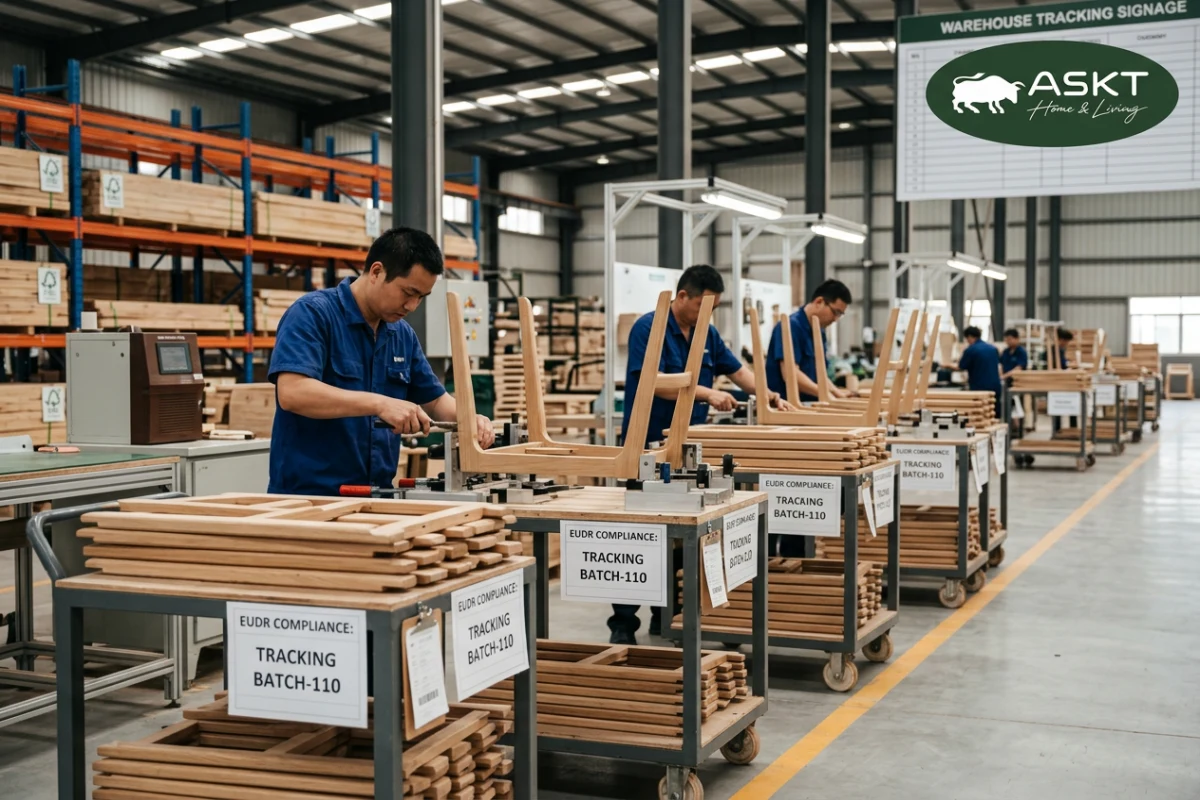 Chinese furniture manufacturing facility showing organized batch assembly of dining chair frames.