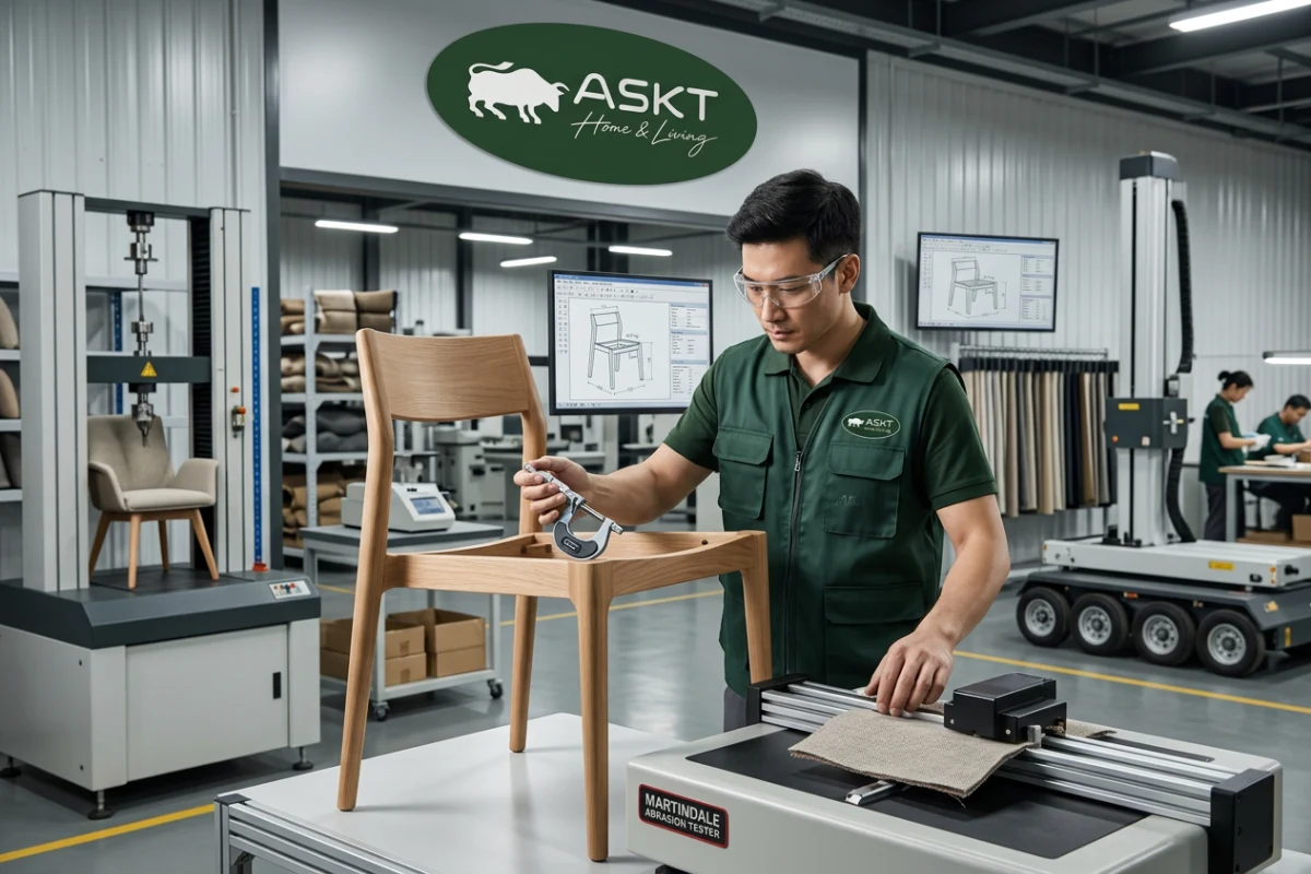 Furniture quality control inspection and structural durability testing for European export.