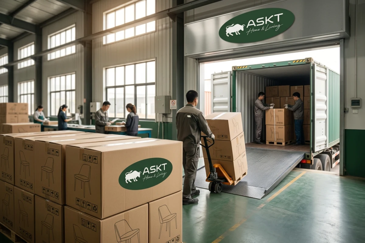 Sustainable flat-pack KD furniture cartons loaded into an export container for maximum logistics efficiency.