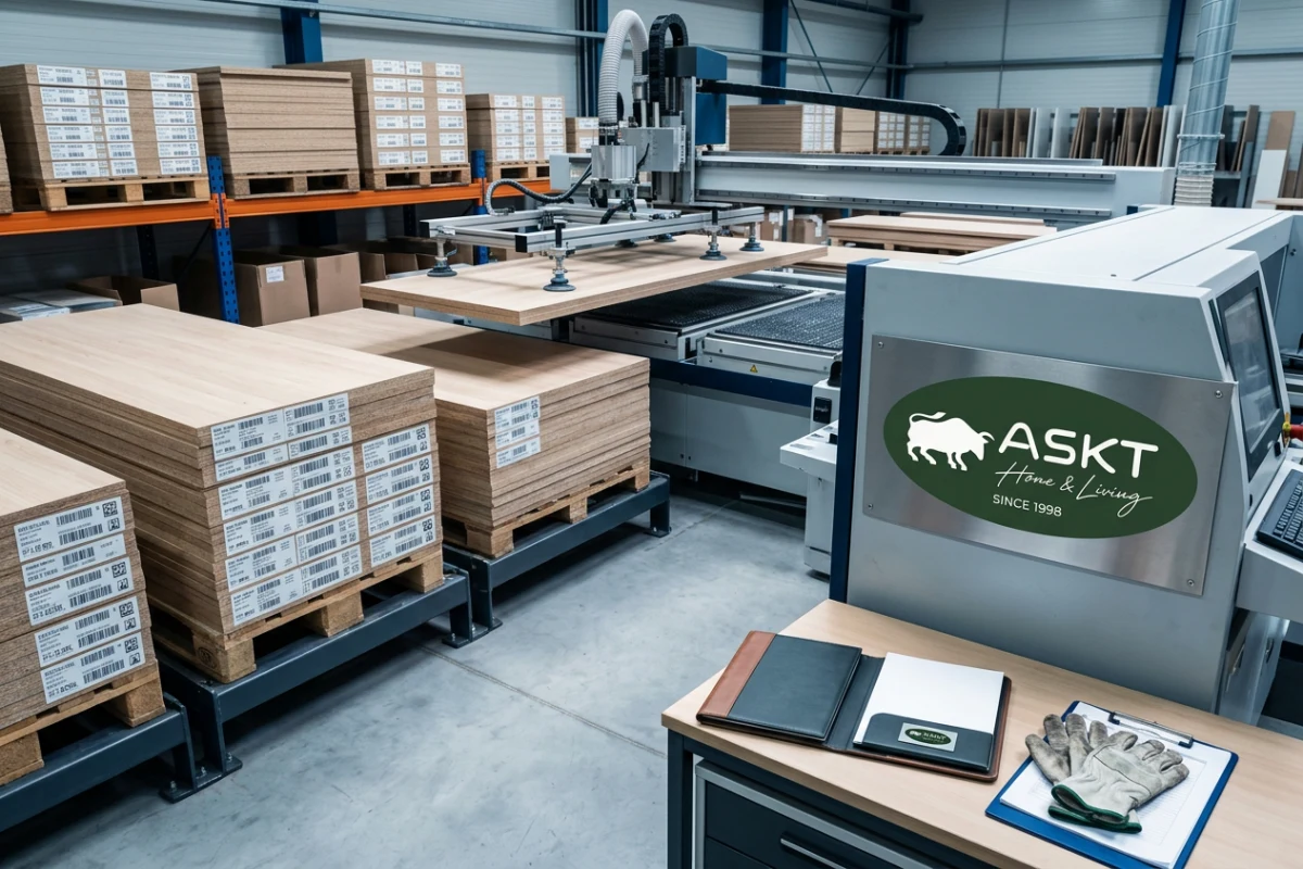 Furniture supply chain traceability workflow using automated batch cutting machinery