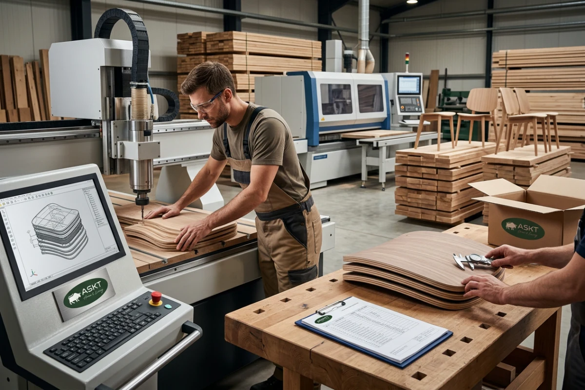 Precision shaping and quality inspection of curved wooden boards for dining chair shells.