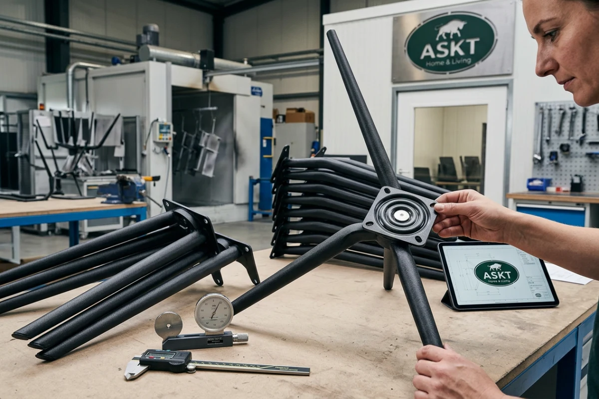Metal dining chair leg frames and swivel mechanisms undergoing structural quality control.