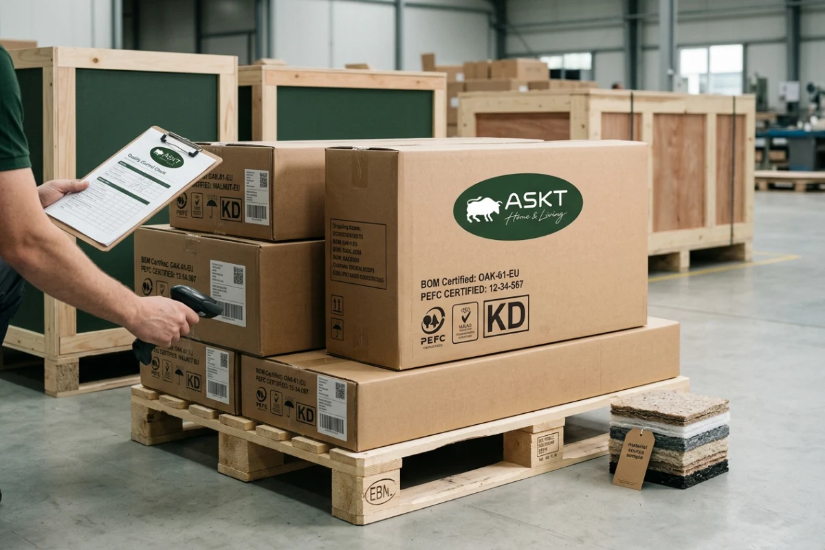 Space-optimized KD flat-pack dining chair cartons prepared for international container loading.