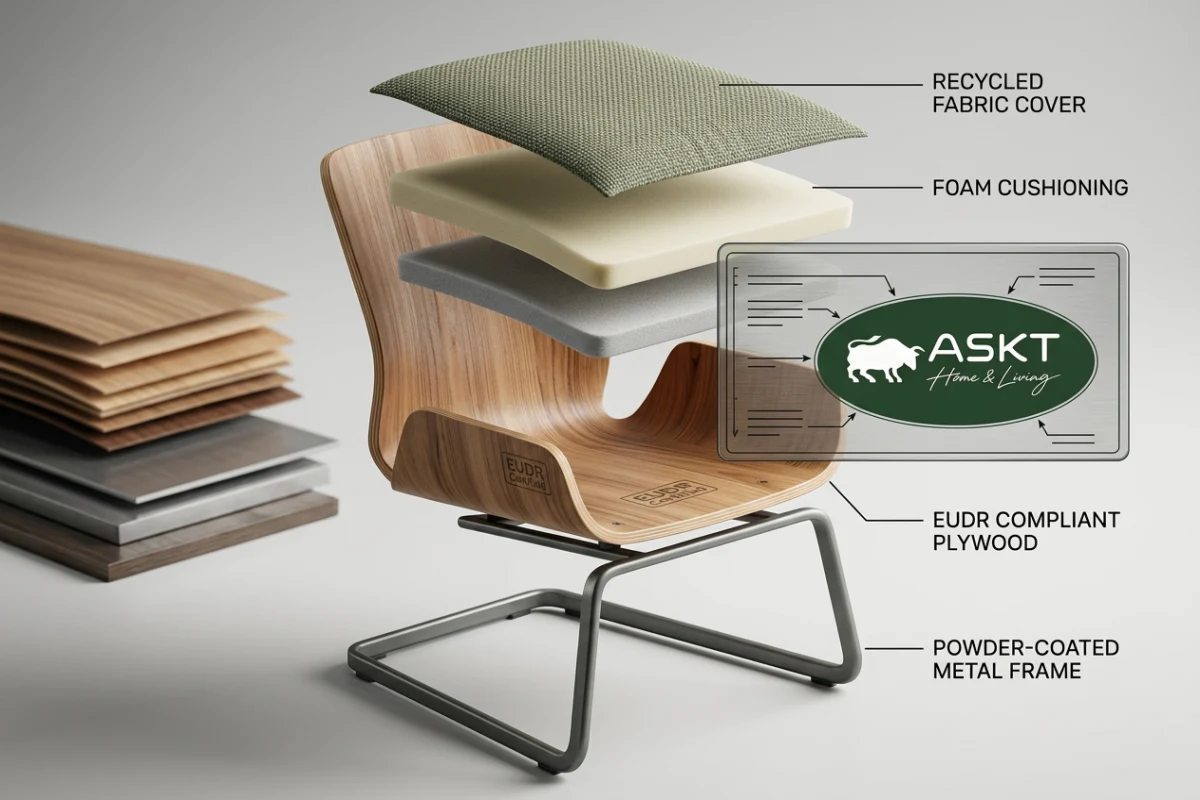 Exploded structural diagram showing wooden components in upholstered chairs and metal frame base.