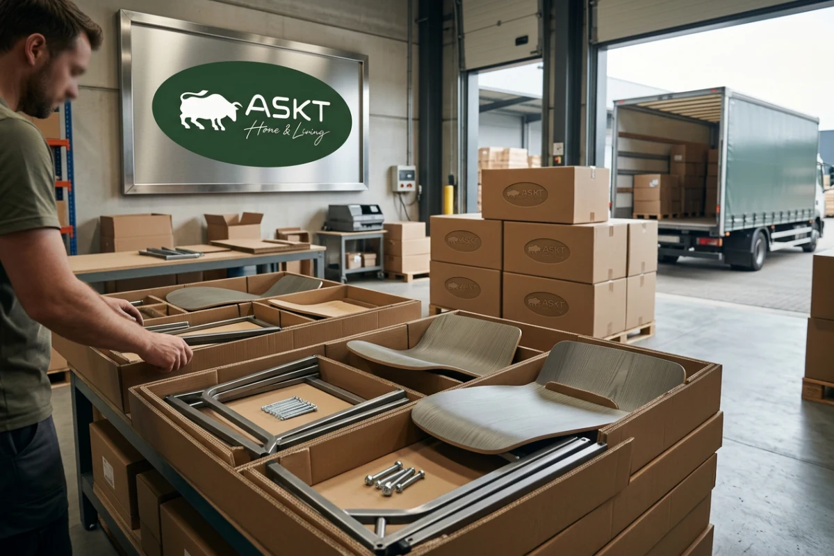 Sustainable KD packaging for metal frame dining chairs wholesale container loading.