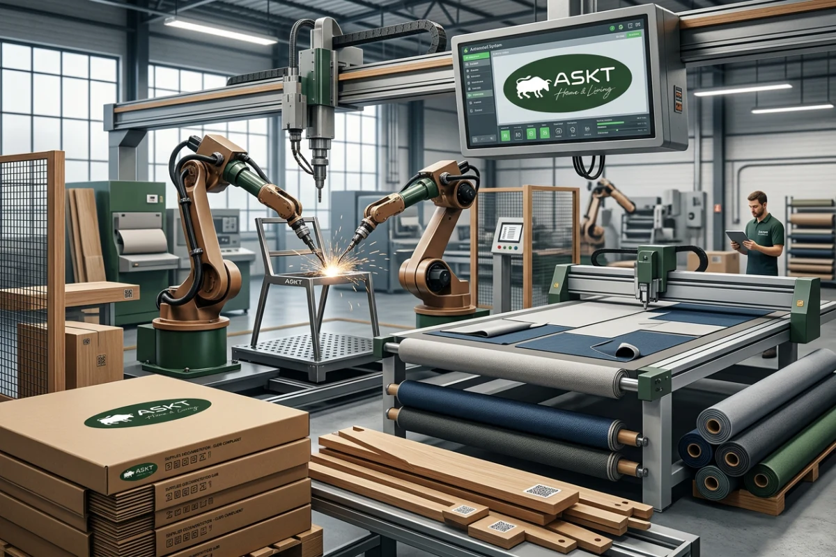 Furniture sourcing transparency and automated manufacturing quality control in dining chair production