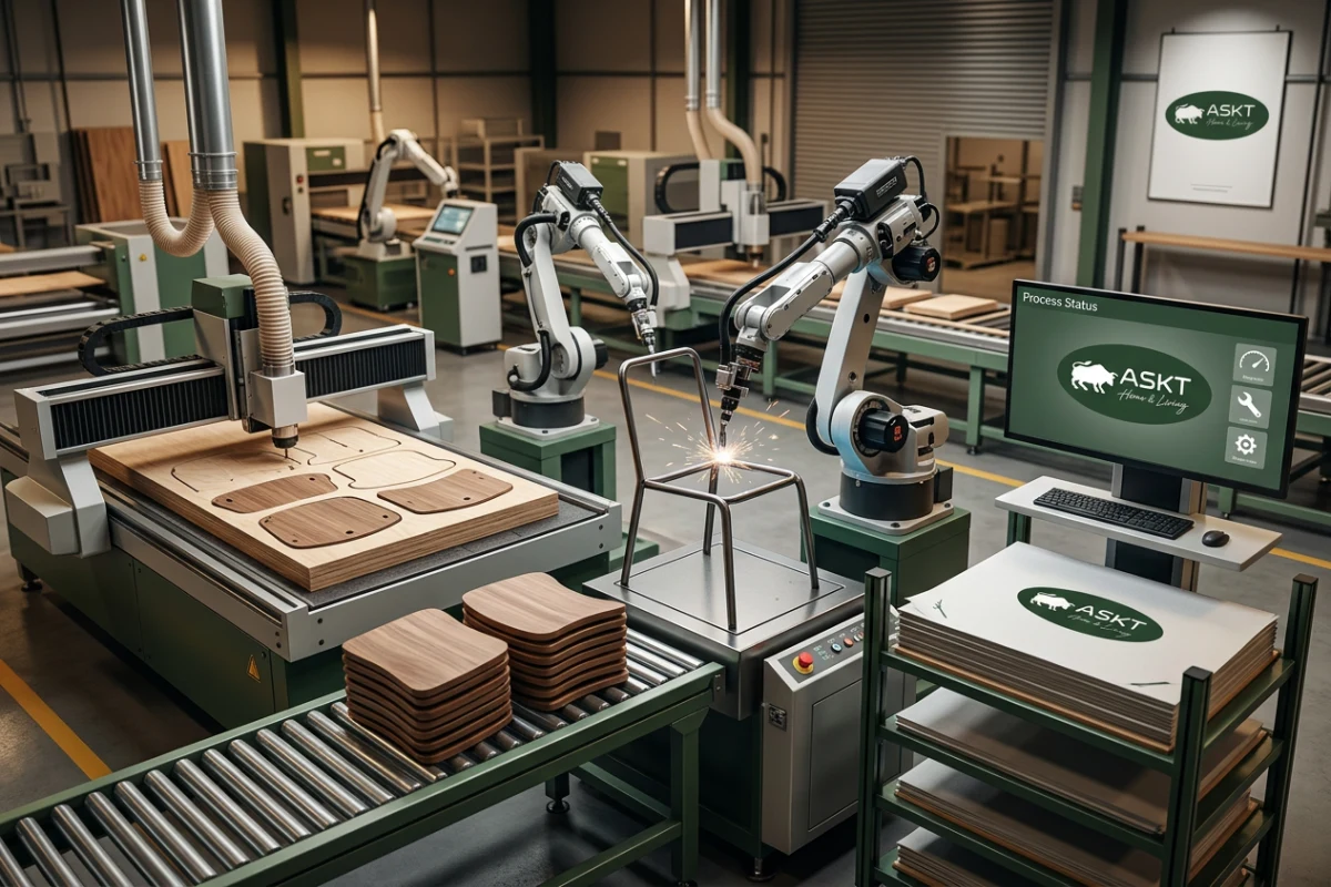 Batch processing of wooden dining chair components in an automated compliant factory