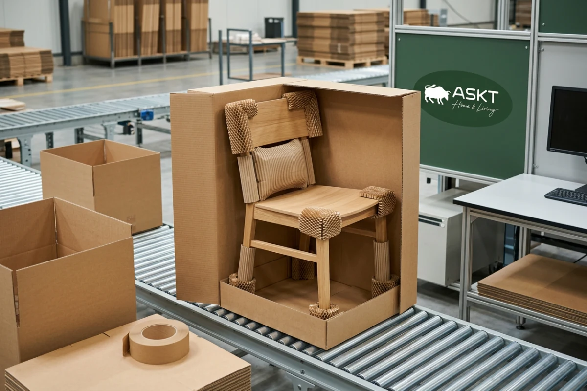 Plastic-reduced packaging using protective honeycomb paperboard for dining chair export