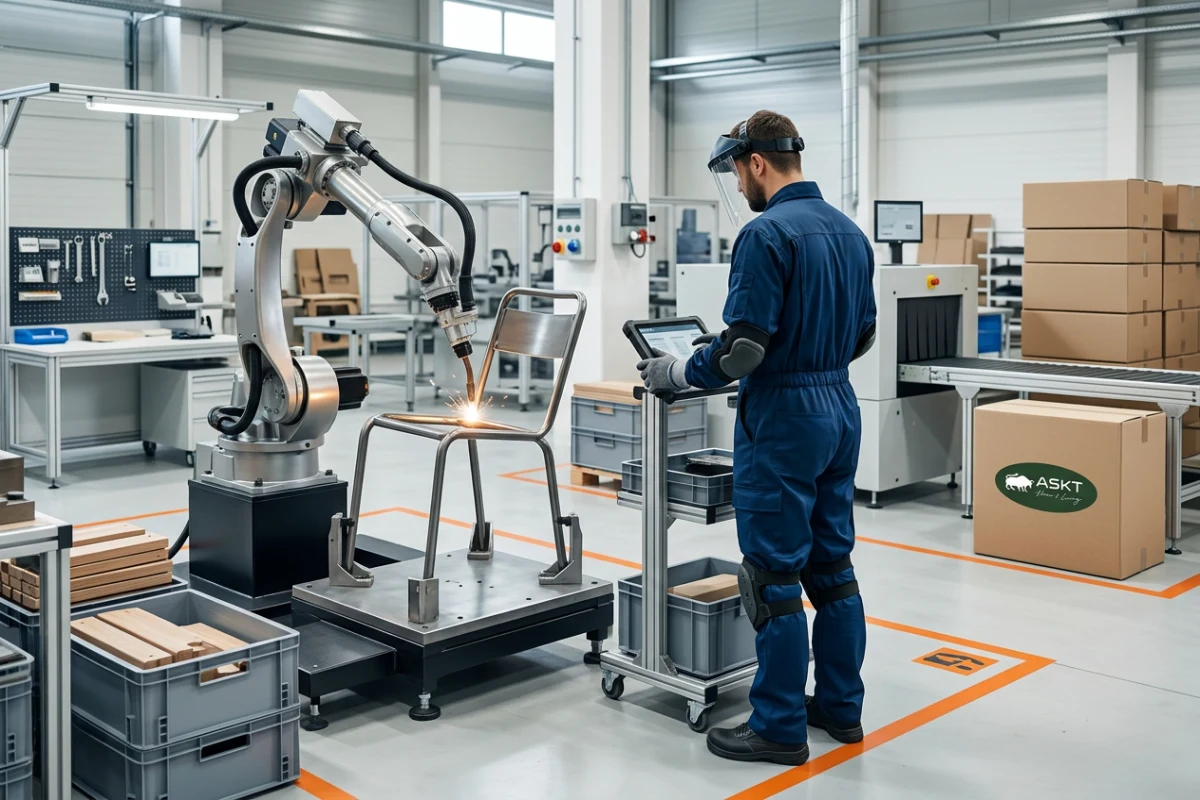 BSCI audited furniture factory floor featuring automated robotic welding and worker safety equipment