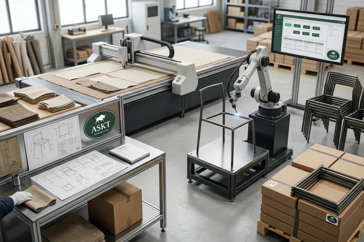 Automated metal frame welding and fabric cutting for consistent dining chair production.
