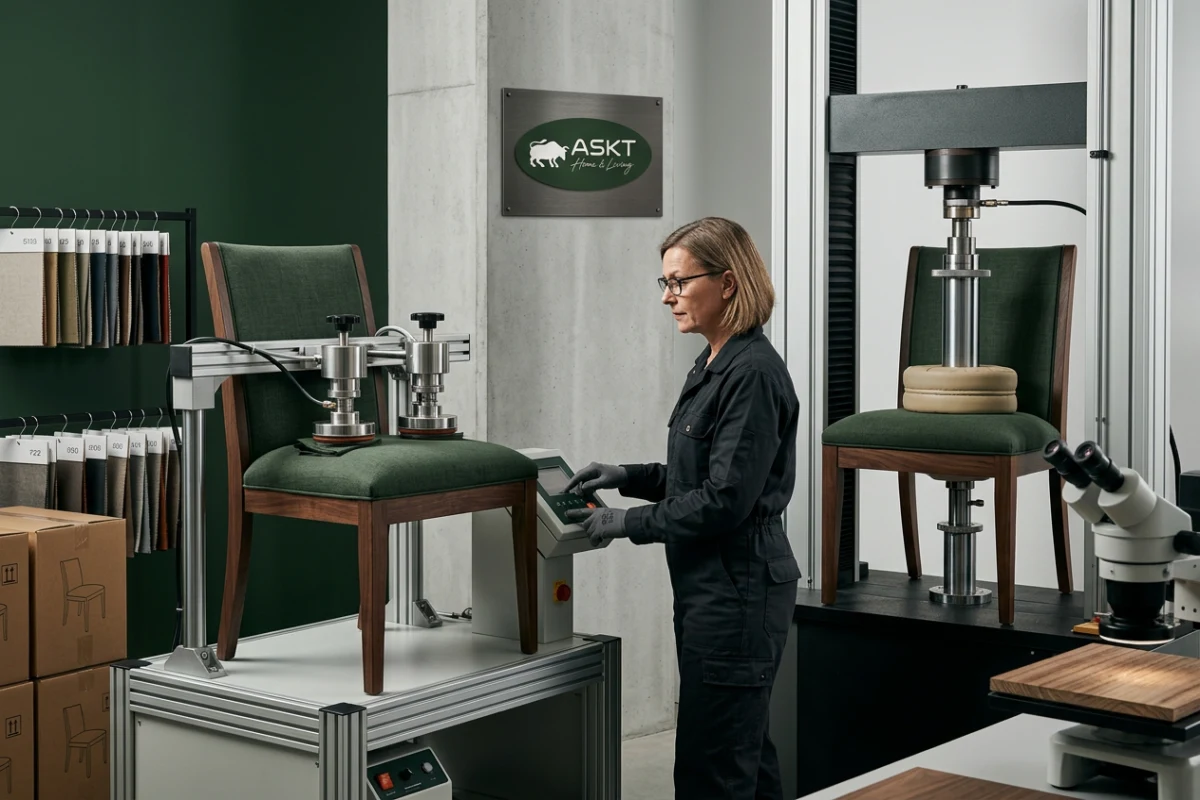 Quality control testing of chair stability, load capacity, and fabric performance in a furniture factory.