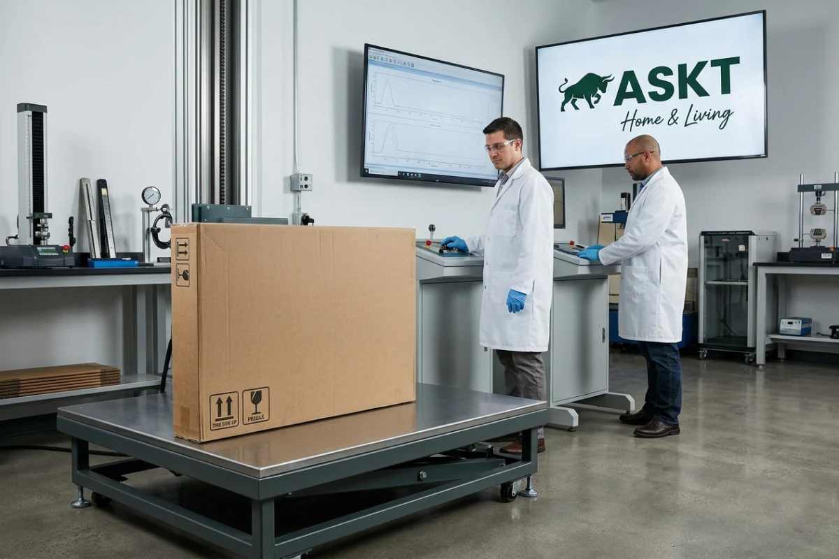 Furniture carton undergoing standardized drop testing in quality control lab