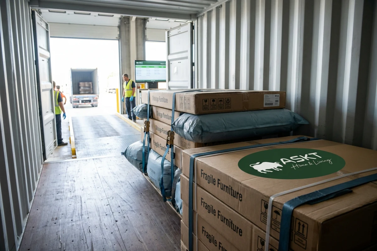 Container loading optimization showing secured furniture cartons and dunnage airbags