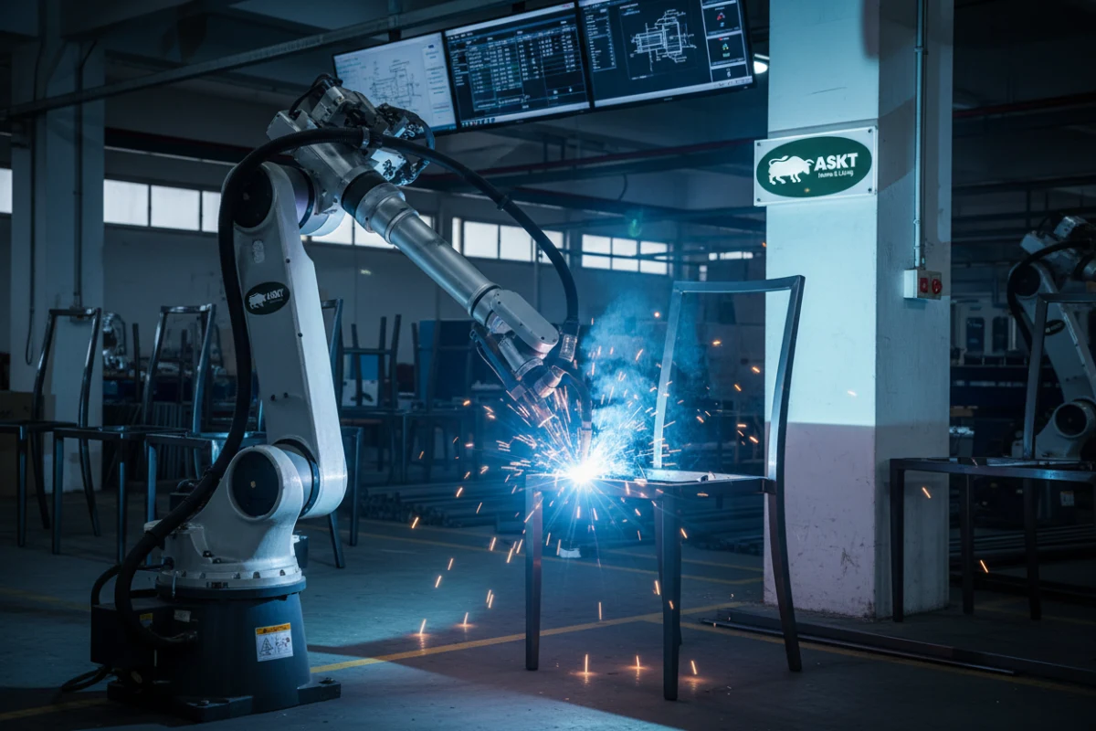 Automated robotic welding arm constructing a steel frame for a high-durability B2B dining chair inside a Chinese factory.