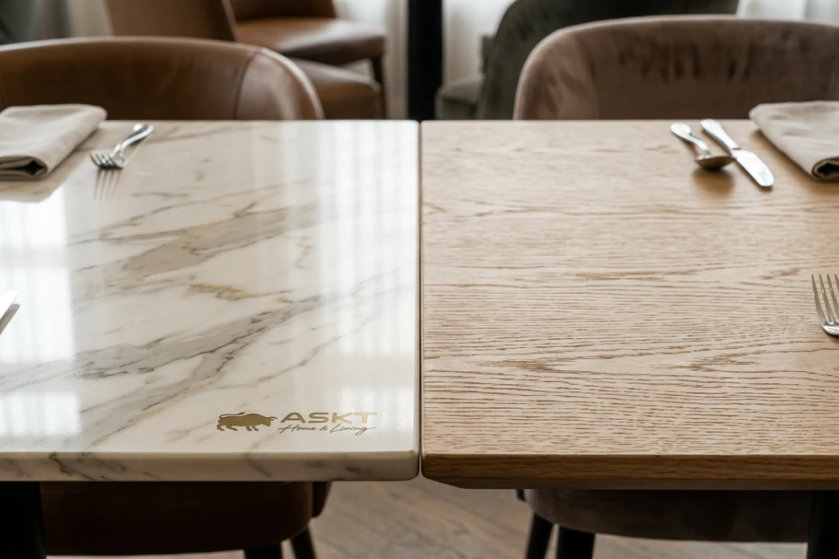 Close-up comparison of sintered stone and commercial oak veneer dining tabletop surfaces