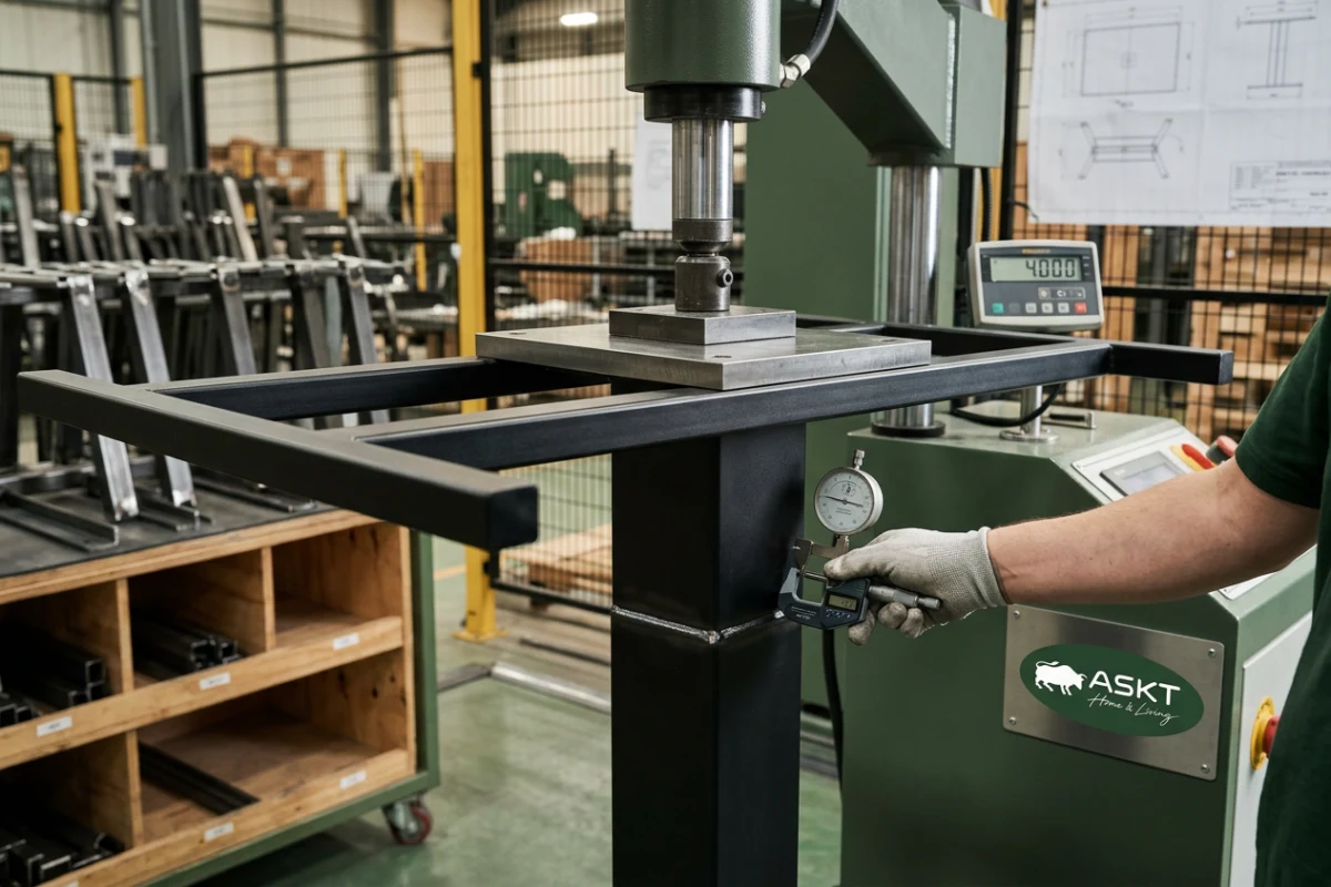 Heavy-duty metal dining table frame undergoing structural quality inspection in a furniture manufacturing plant