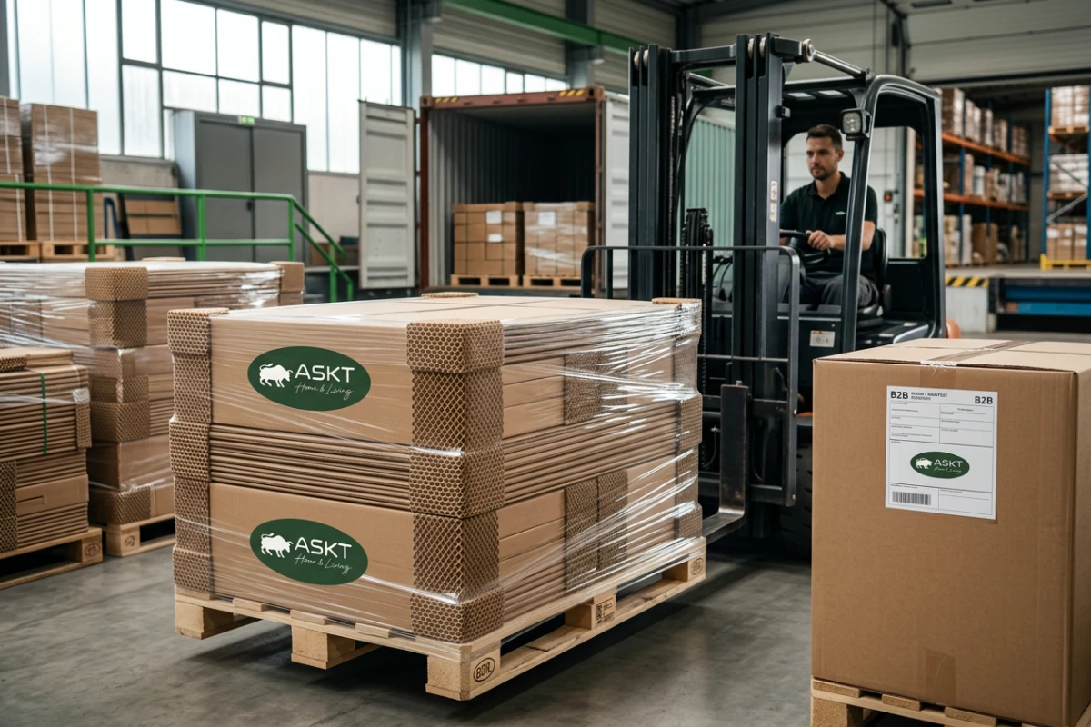 Flat-packed contract dining tables in protective honeycomb paper export packaging ready for container loading