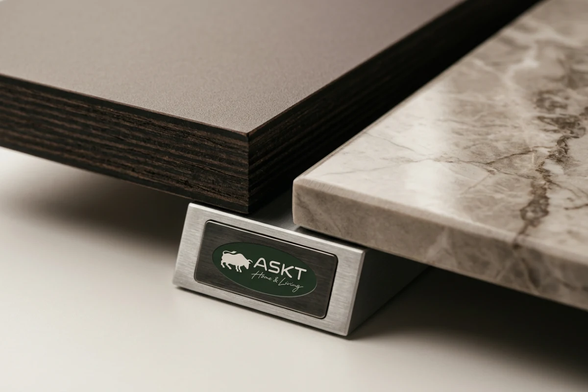 Close-up cross section comparing compact HPL edge profiling with a polished sintered stone slab edge