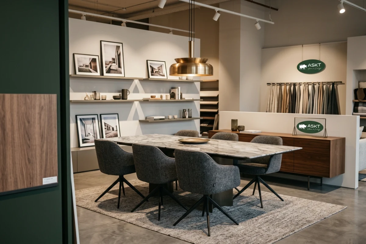 Contemporary sintered stone dining table in a European retail showroom setting paired with designer dining chairs
