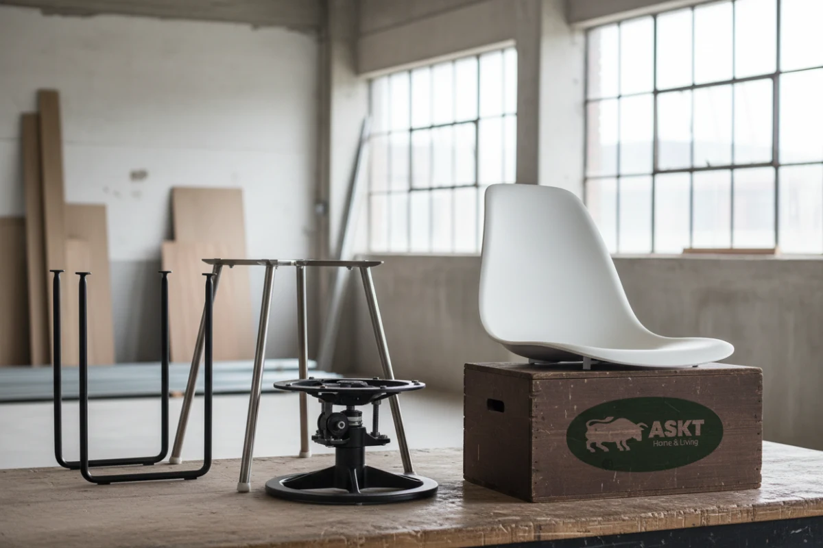 Technical drawing and visual breakdown of the KINEXA modular dining chair system designed to reduce MOQ and optimize shipping space.