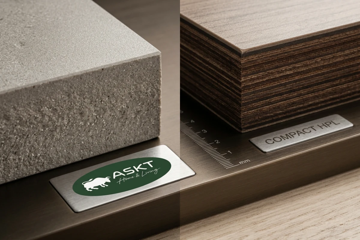 Cross-section showing material layers of compact HPL versus solid sintered stone tabletop