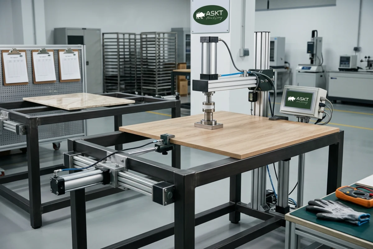Factory quality inspection conducting static load and durability testing on dining table frame