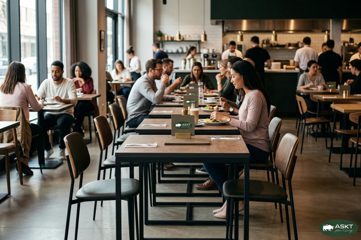Compact laminate dining tables installed in a busy commercial cafe setting.