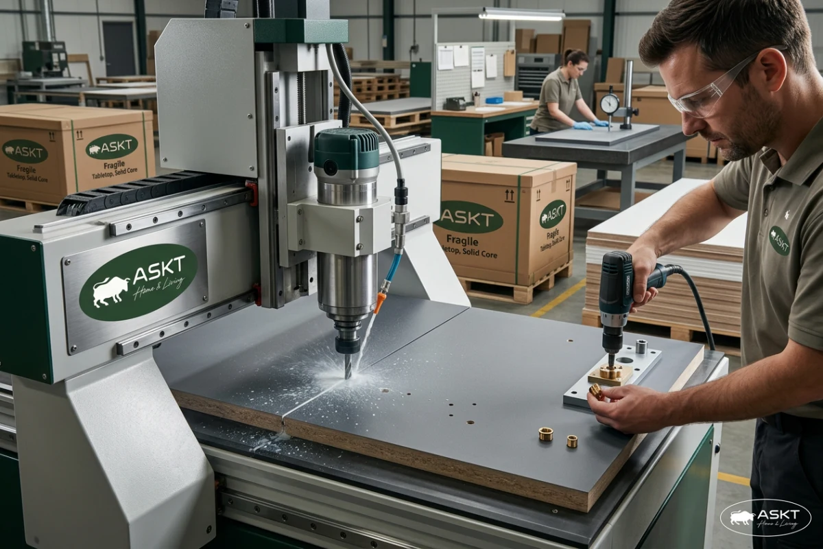 CNC machining and packaging inspection during compact laminate tabletop manufacturing.