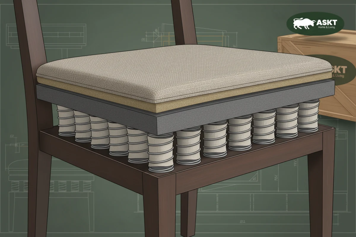 Technical cross-section diagram of an upholstered dining chair with pocket springs and high-density foam.