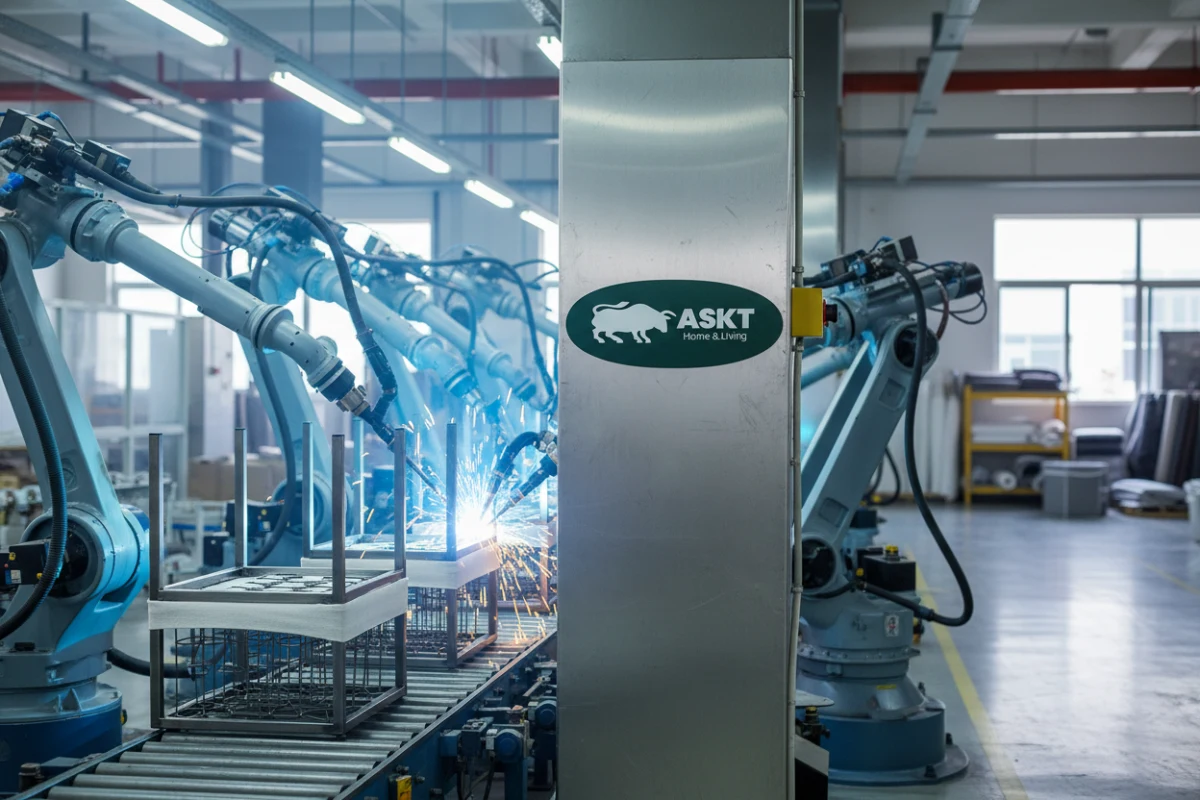 Automated robotic arm welding steel chair frames in a commercial dining chair manufacturing factory.