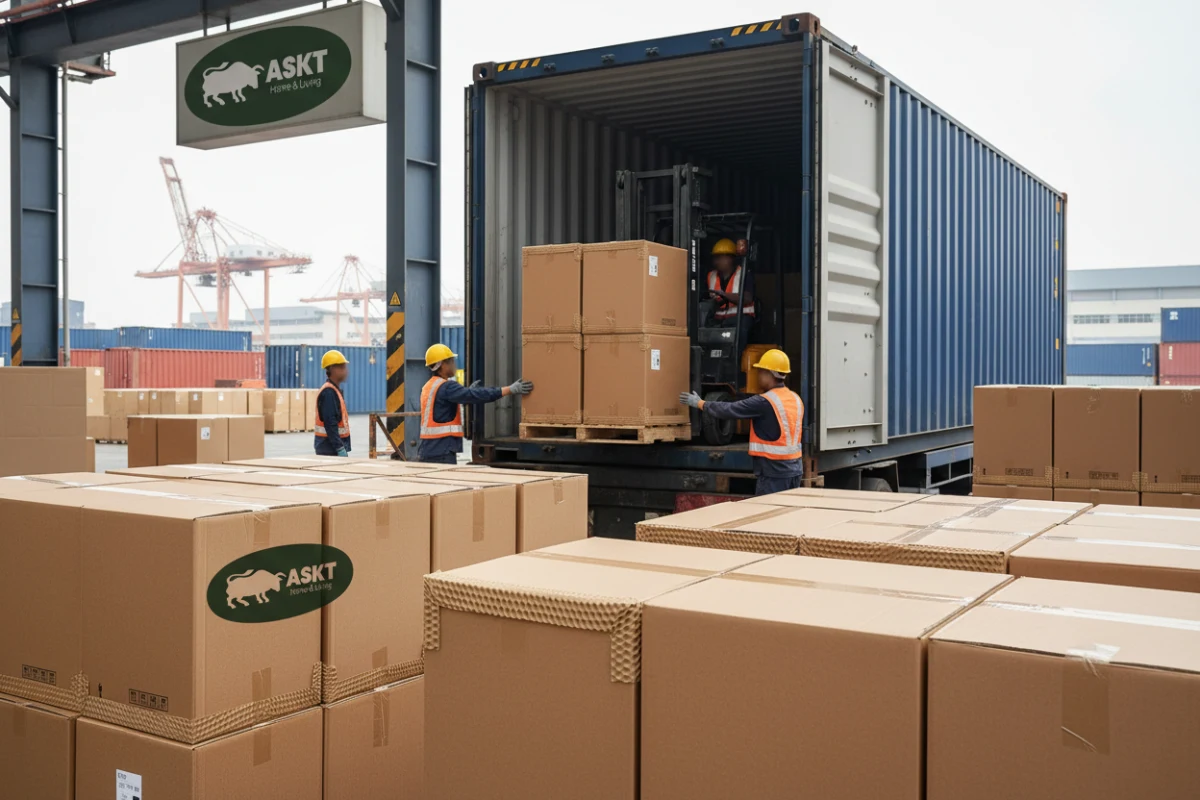 Flat-packed dining chairs in sustainable honeycomb paper protective packaging being prepared for container loading.