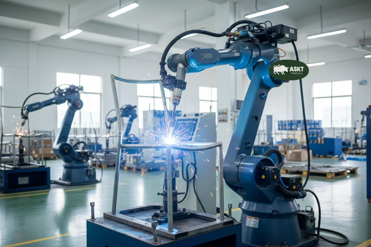 Automated robotic welding arm constructing a steel chair frame in a modern Chinese factory.