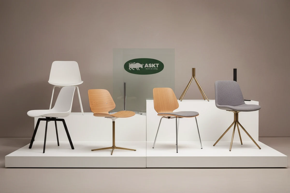 Modular dining chair shells and metal bases showcasing the KINEXA system design.