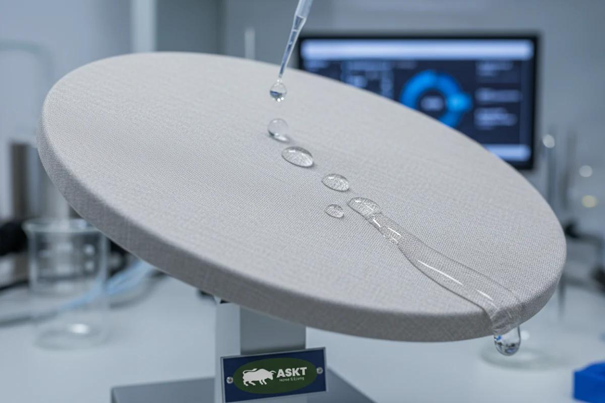 Hydrophobic testing of ASKT-Tex functional fabric showing waterproof and stain-resistant performance.