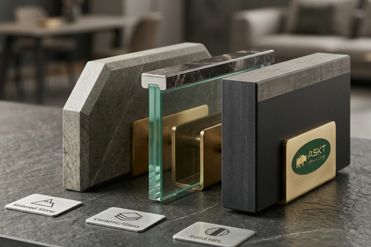 Edge profile details comparing sintered stone, ceramic bonded to glass, and compact HPL tabletop.