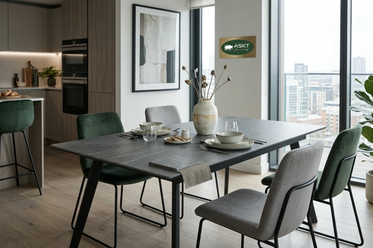 Modern sintered stone dining table styled with contemporary upholstered dining chairs for European homes.