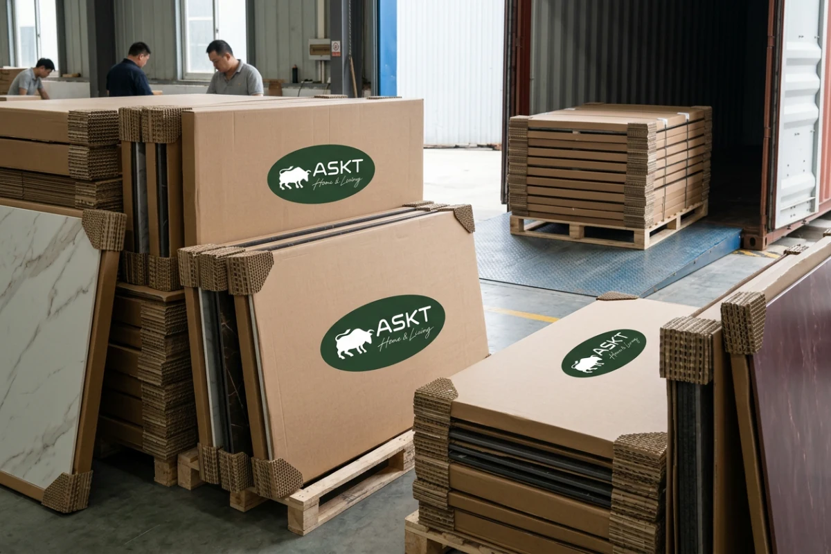 Export packaging protection featuring honeycomb paper buffers and reinforced cartons for tabletops.