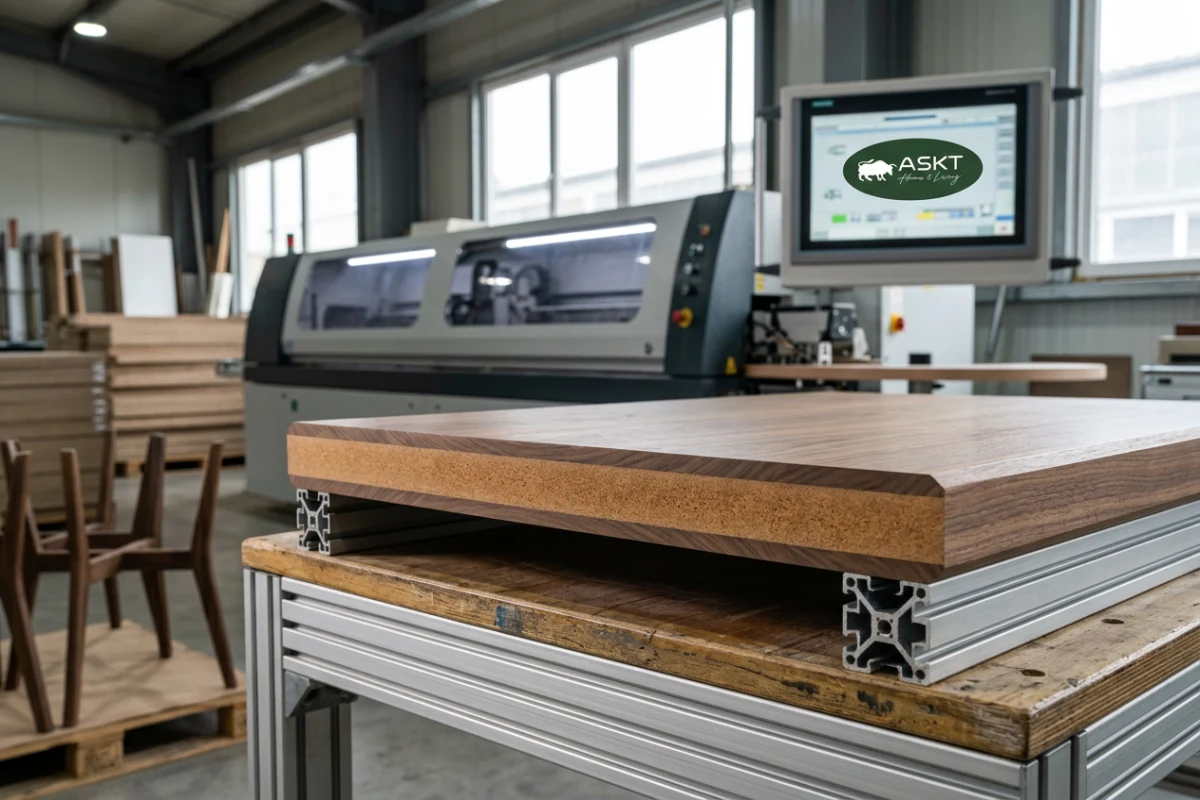 Cross-section of an engineered dining table top panel with top oak veneer and bottom balancing layer.